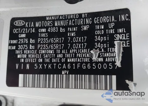 2015 Kia Sorento Lx z USA, uszkodzony, nr VIN 5XYKTCA61FG650057